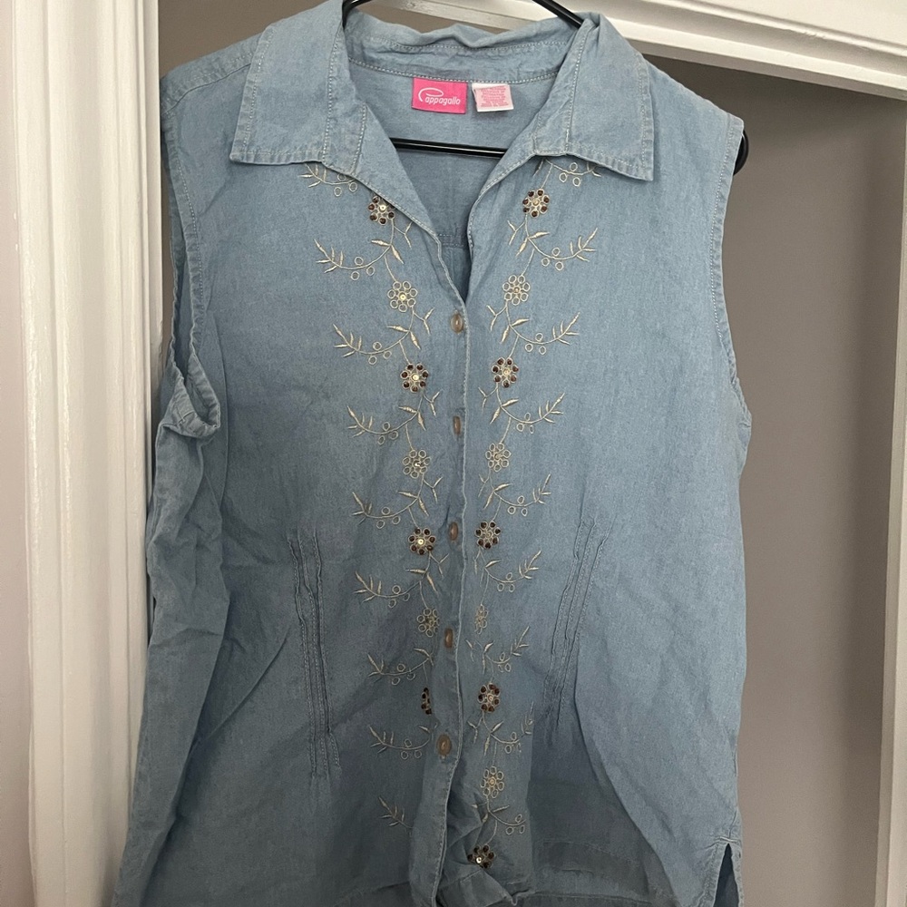 Casual Corner Light Blue Embroidered Sleeveless Shirt